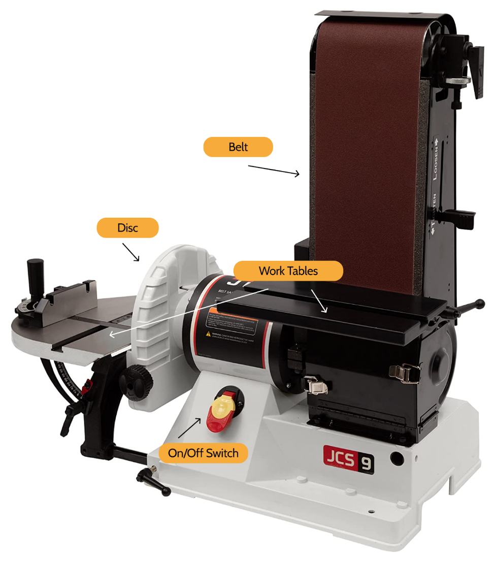 Desktop belt-disc sander with parts noted, see "Machine Anatomy" for parts and descriptions, Northeastern Makerspaces