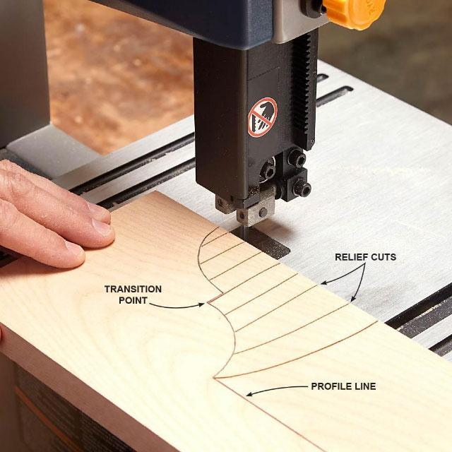 Bandsaw best practices showing transition points, profile line, and proper placement of relief cuts, Northeastern Makerspaces 