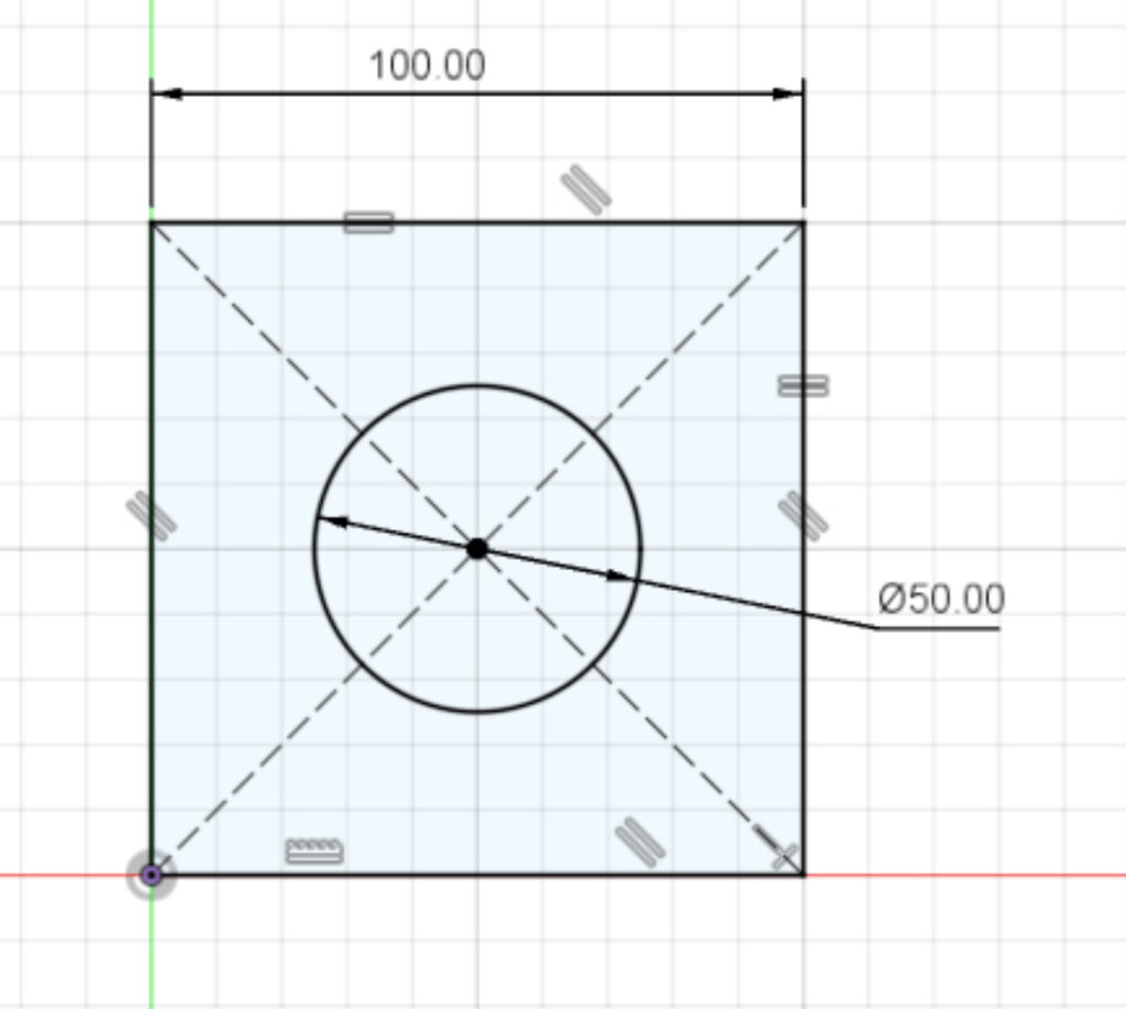 A sketch of a 100mm sided square with a 50mm diameter circle in its center in Fusion 360, Northeastern Makerspaces