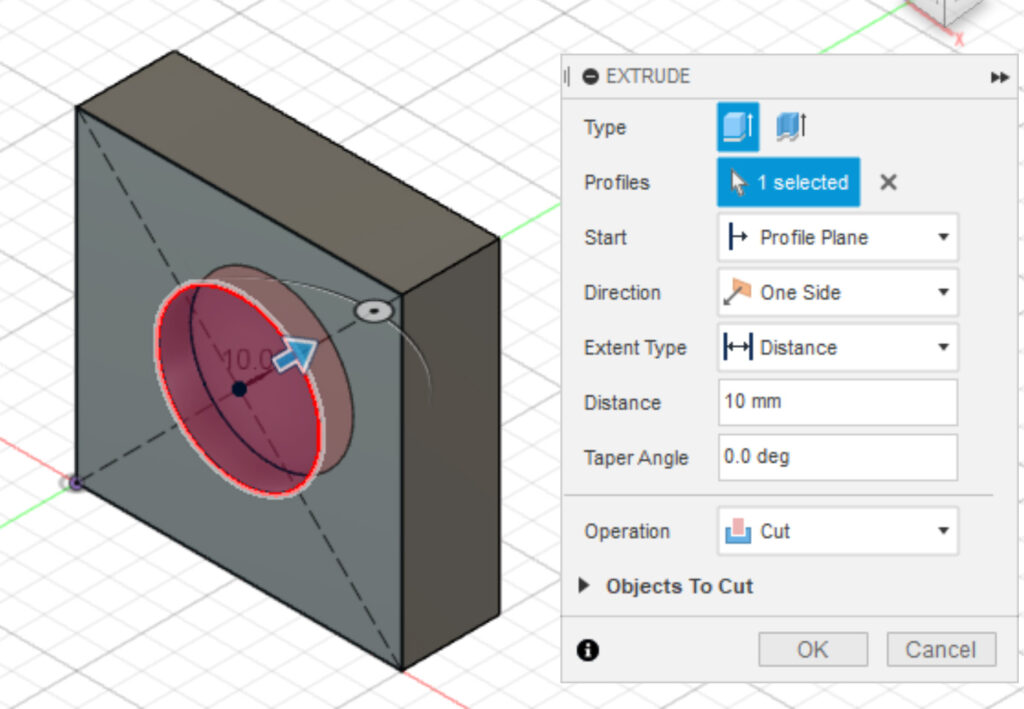 A 100mm x 100mm x 30mm square with a 50mm diameter circle extrude-cut by 10mm in its center, in Fusion 360, Northeastern Makerspaces