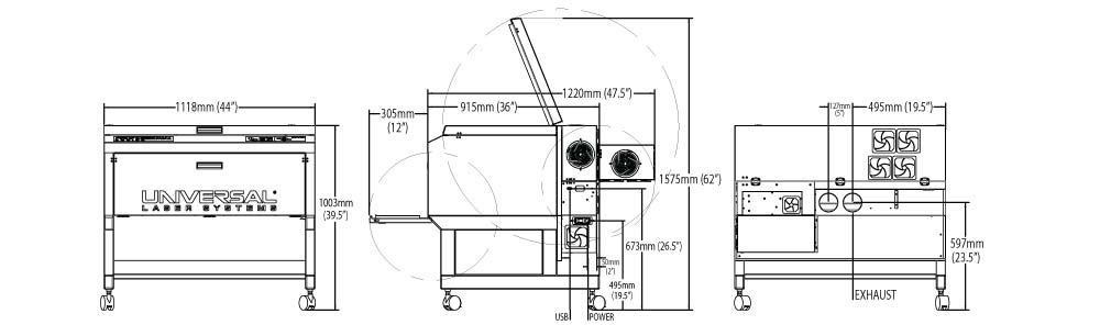 Laser cutter schematics showing front, back and side view,Northeastern Makerspaces