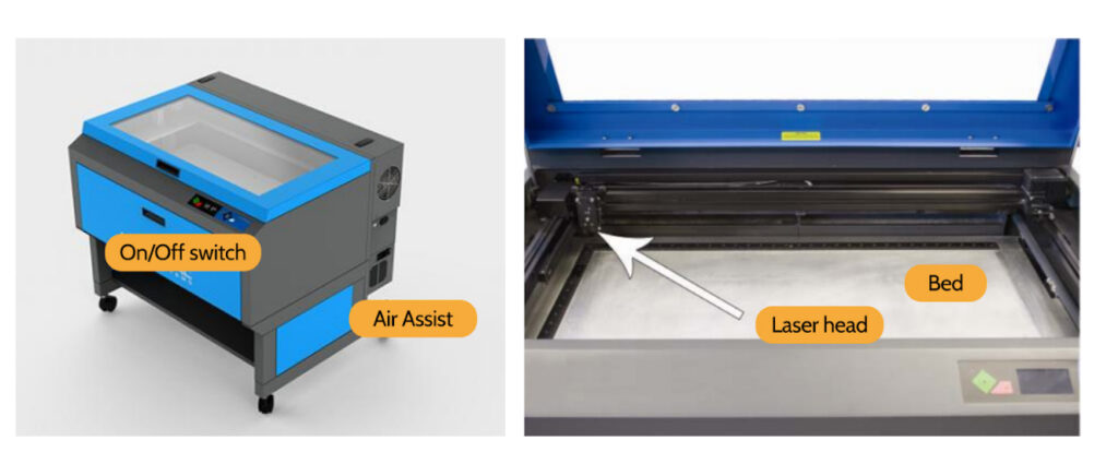 Laser cutter with parts notated, see "Machine Anatomy" for parts and descriptions, Northeastern Makerspaces