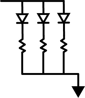 A simple branching circuit, with three branches containing a diode and resistor before going back to ground, Northeastern Makerspaces