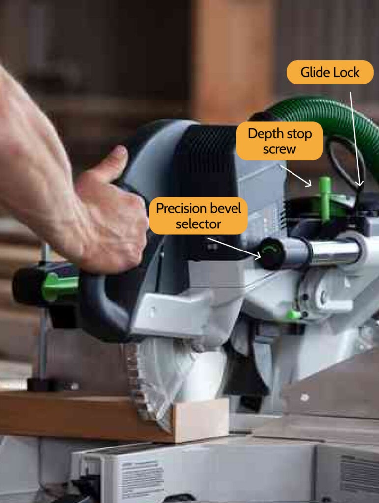 Miter saw close up with parts noted, see "Machine Anatomy" for parts and descriptions Northeastern Makerspaces