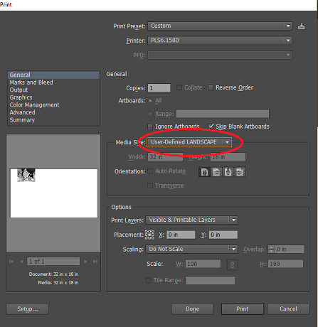 Print settings on Adobe Illustrator with Media Size circled and set to User-defined landscape, Northeastern Makerspaces