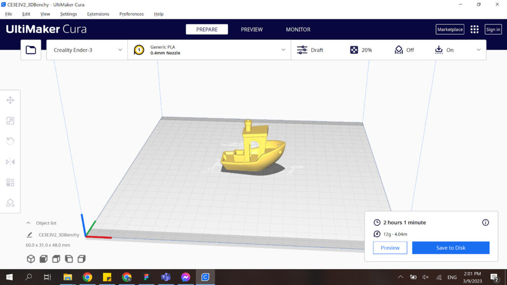 Screenshot of the Cura slicer software with Benchy on the printbed, Northeastern Makerspaces