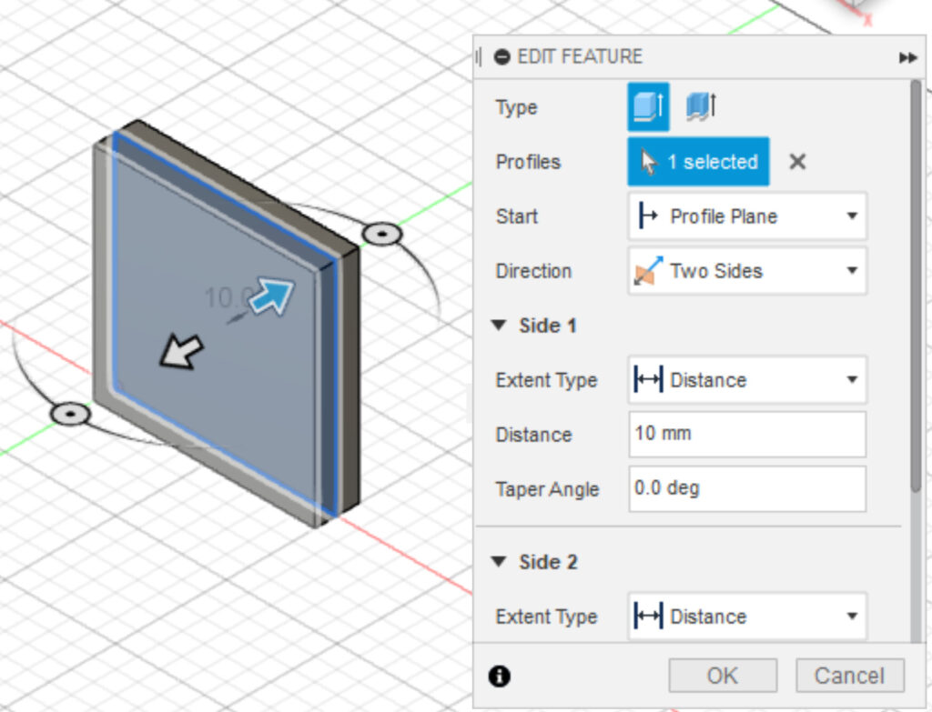 A square in Fusion 360 being extruded in two different directions by 10mm, Northeastern Makerspaces