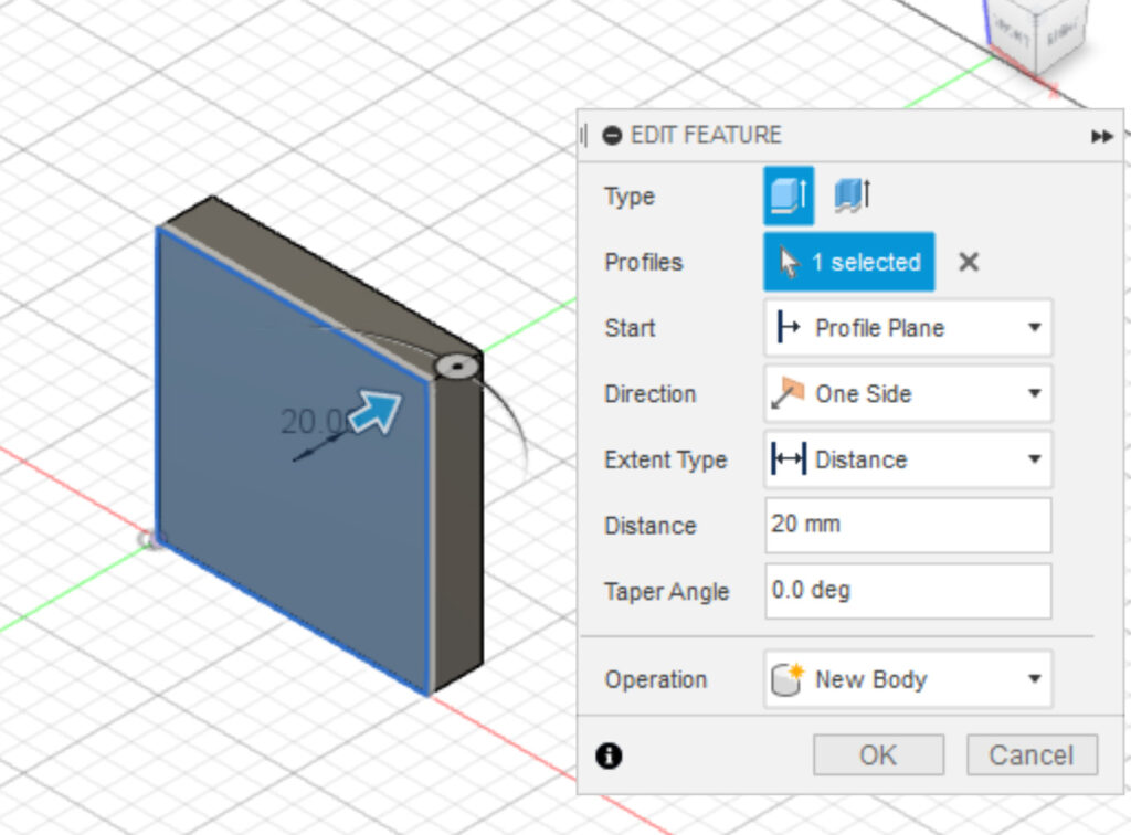 A square in Fusion 360 being extruded 20mm in one direction, Northeastern Makerspaces