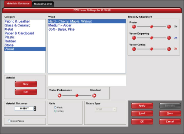 Screenshot of the Universal Laser System software interface, showing the materials dashboard, Northeastern Makerspaces