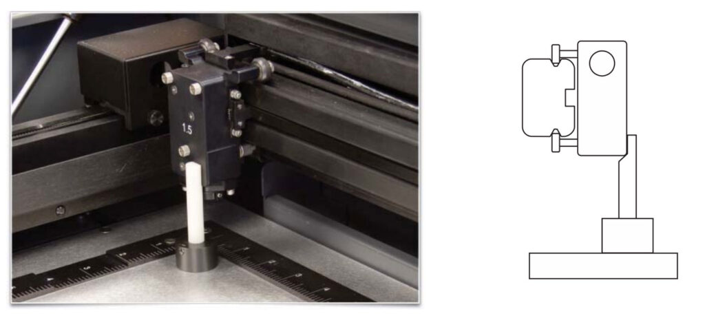 Showing the proper way to level the laser bed on the Z-axis by aligning the laser head with the calibrated focus tool, Northeastern Makerspaces 