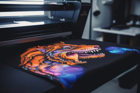 A multicolored heat press on a black t-shirt