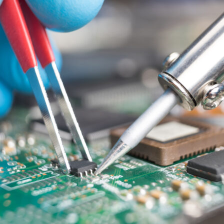 Close up of soldering a printed circuit board