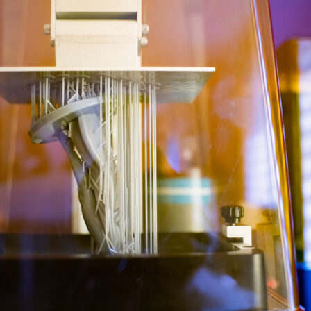 Close up shot of an actively printing SLA 3D Print