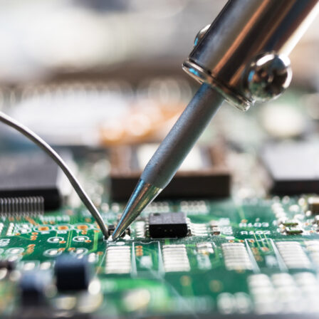 The hand holding the tin, a soldering iron solder the chip in place.