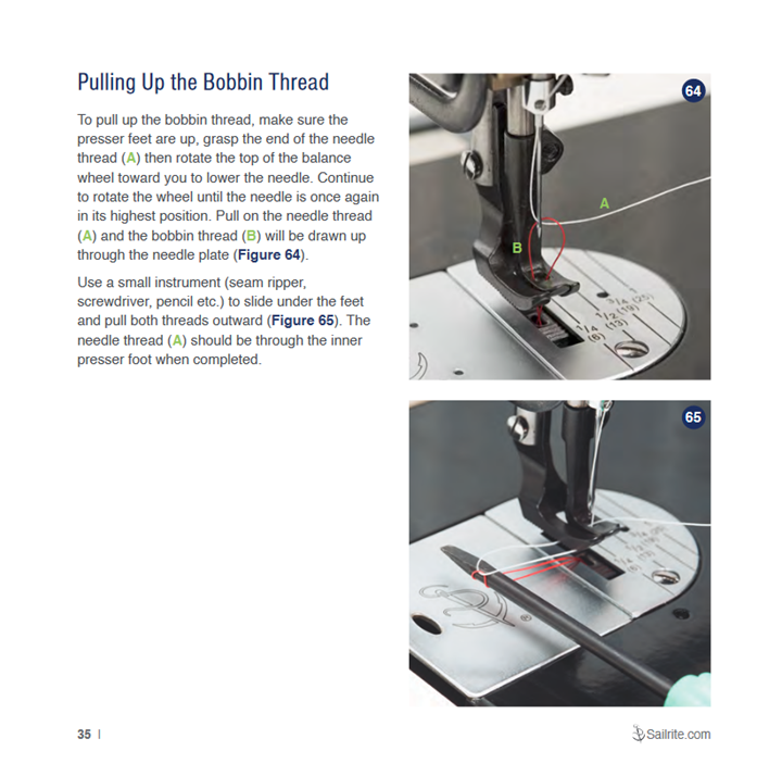 Instructions for pulling up bobbin thread.