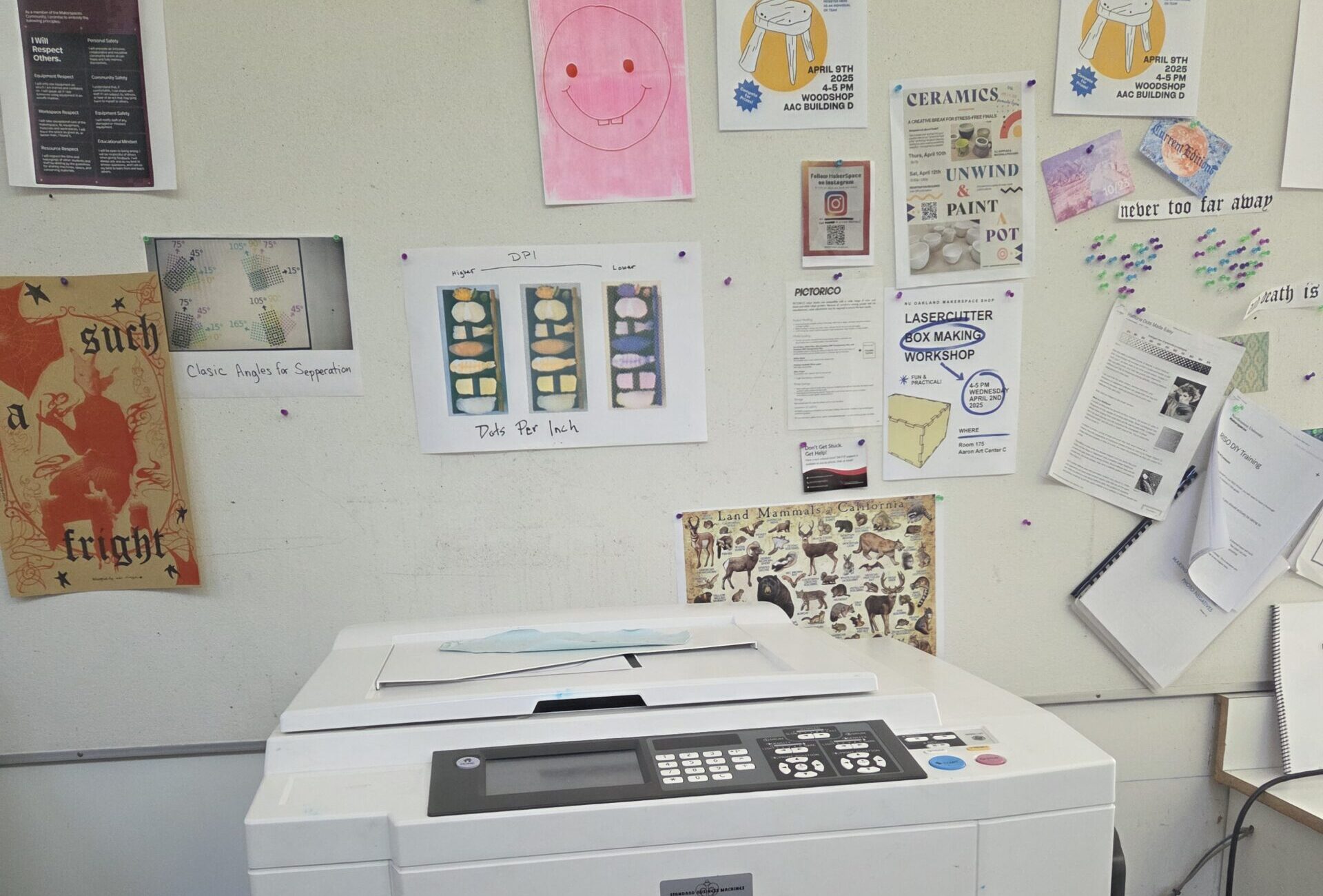 A specialized printer surrounded by its prints.