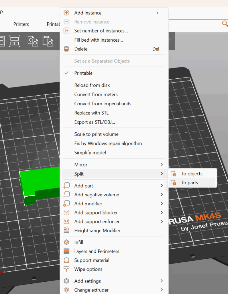 Dropdown menu with Split > To Parts Highlighted