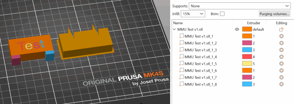 Prusa print preview with each letter of "Test" and each leg highlighted a different color. 