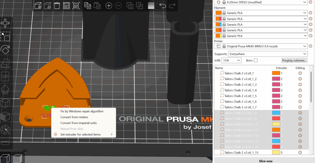Prusa print Preview with multicolored bodies selected and a menu where the item "Set extruder for selected items" is selected.