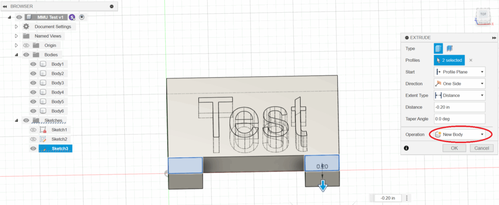 3D box with "test" written on it and two legs. On the left it shows how the letters of "test" and the rest of the box are different bodies