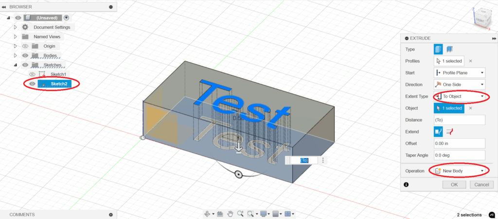 Screenshot of Fusion 360 workspace showing the Extrude function on a box that says "Test". Extent type - To Object, Operation - New Body and Sketch2 are circled in red. 