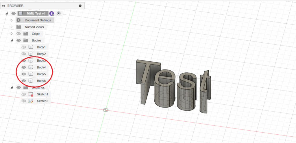 Fusion 360 workspace showing 3D letters that say "test". Bodies 3,4,5 and 6 are circled in red