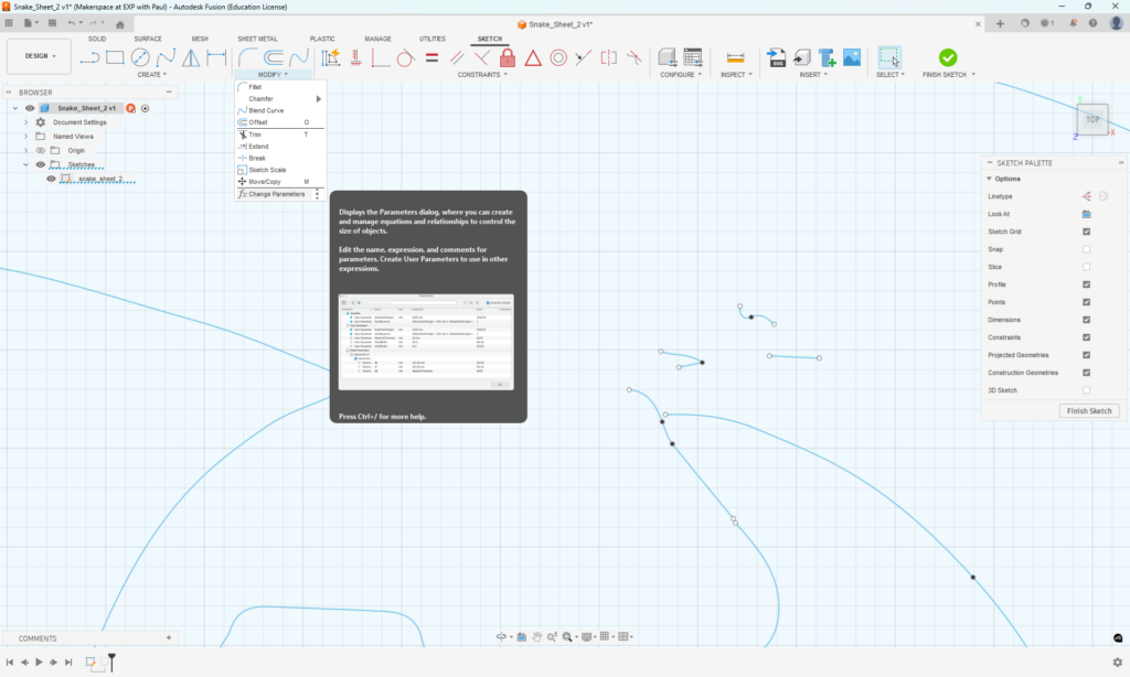 Screen Shot of where to find Parameters in a Fusion360 sketch