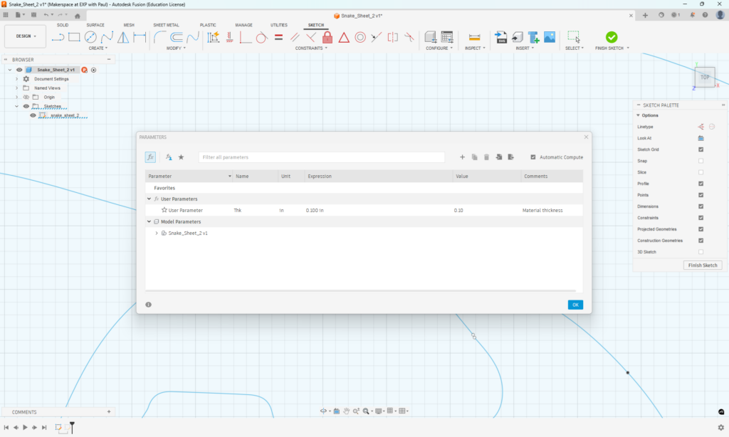 Screen Shot of Fusion360 Parameters Menu