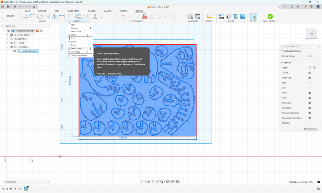 Screen capture of the steps to scale a .dxf in fusion 360
