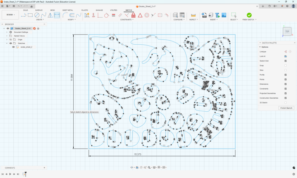 Scaled DXF in Fusion360 - Dimensions show it will fit in material envelope.