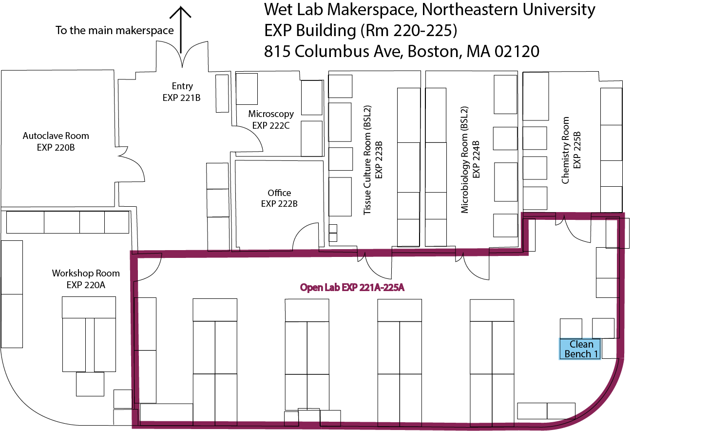 Lab map showing the clean bench location in the Open Lab