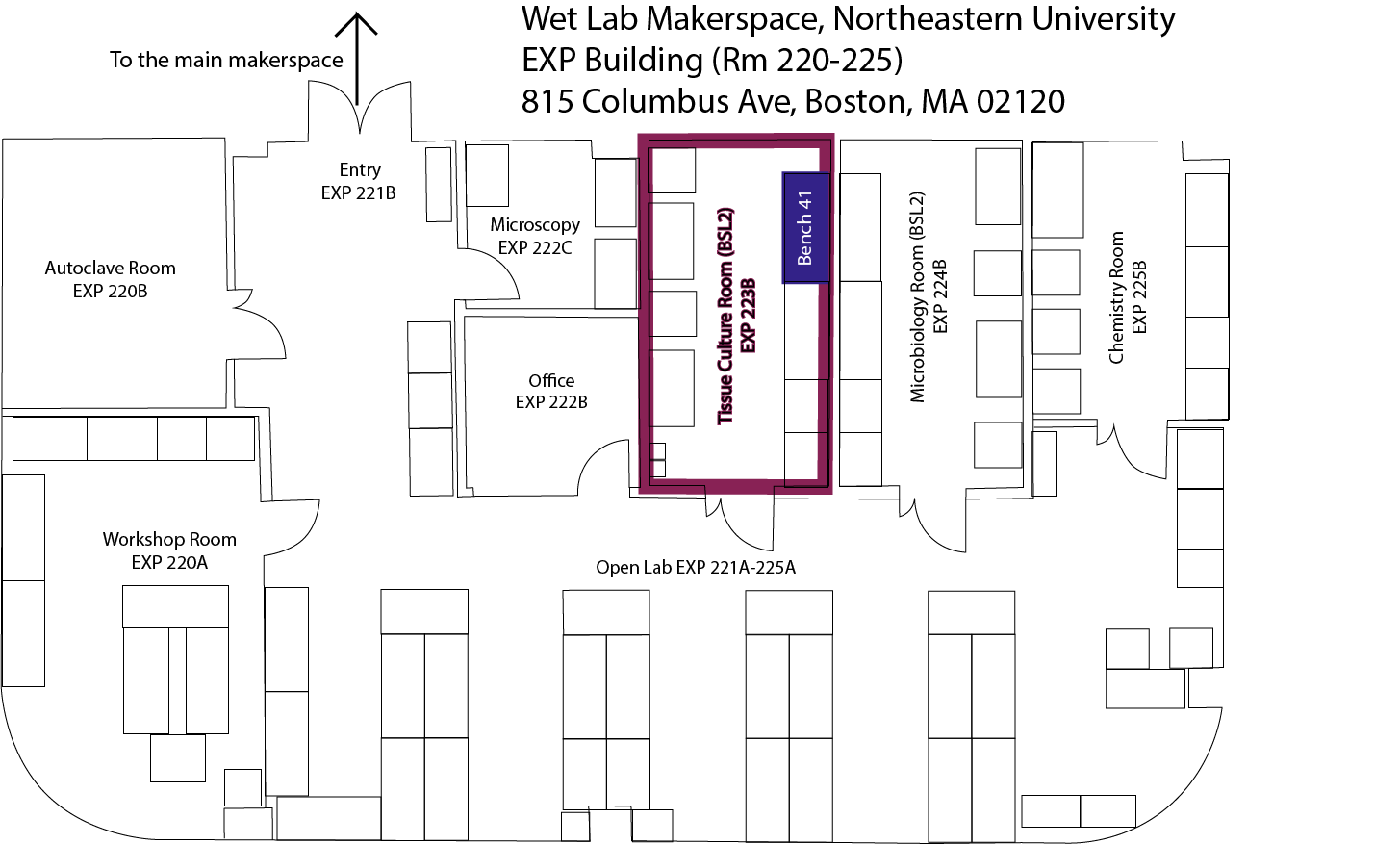 Lab map showing the bead bath location in the Tissue Culture Room on Bench 41