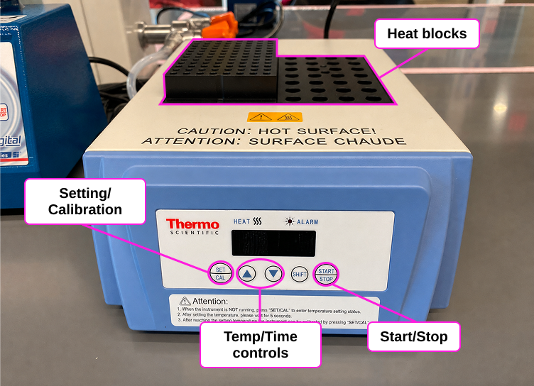 Labeled Thermo Scientific digital dry bath showing the heat blocks and controls